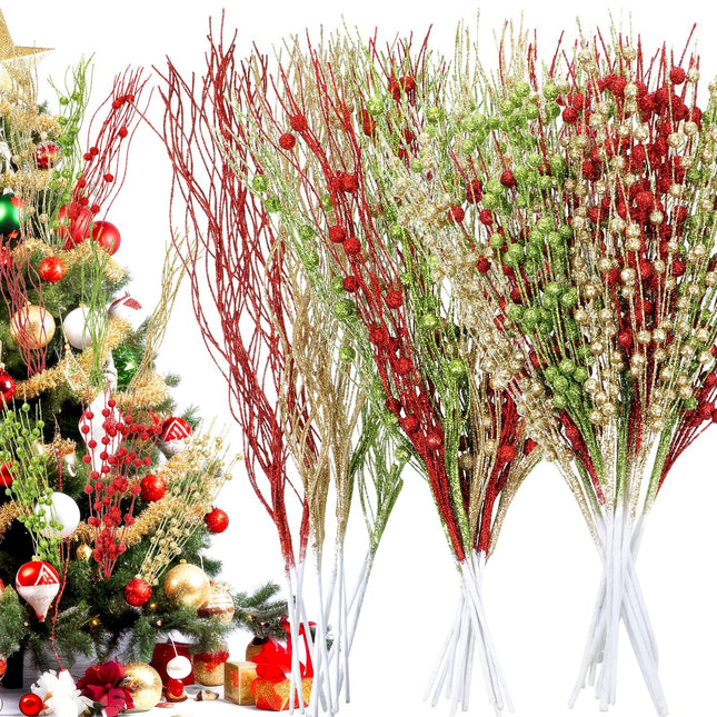 Libima 36 Pcs Christmas Tree Picks Artificial Glitter Berry Stem Ornaments 15.7 Inch Bead Sticks Pick Decorations Glittery Twigs for Xmas Tree Topper Wreath Vase Filler Home Decor (Red Green and Gold)