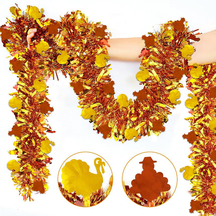 33 FT Thanksgiving Turkey Tinsel Garland, Fall Thanksgiving Party Decorations Shiny Metallic Garland Thanksgiving Turkey Garland for Home Indoor Outdoor Friendsgiving Party Decorations