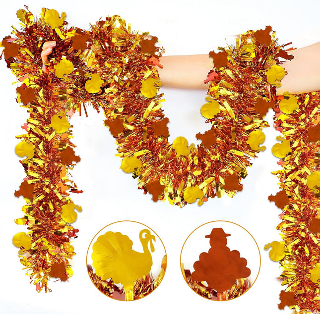 33 FT Thanksgiving Turkey Tinsel Garland, Fall Thanksgiving Party Decorations Shiny Metallic Garland Thanksgiving Turkey Garland for Home Indoor Outdoor Friendsgiving Party Decorations