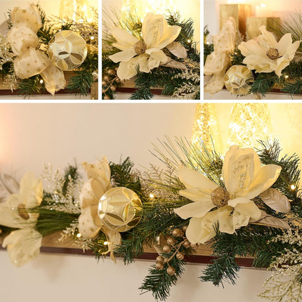 Valery Madelyn 6 feet Pre-Lit Christmas Garland with Lights for Mantle, Lighted Battery Operated Xmas Garland with White Gold Ball Magnolia for Front Door Fireplace Table Centerpiece Window Home Decor