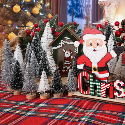 30Pcs Mini Christmas Trees Artificial Christmas Tree Bottle Brush Trees with Wooden Base for Christmas Decor Christmas Party Home Table Craft Decorations(White+Silver+Dark Green)