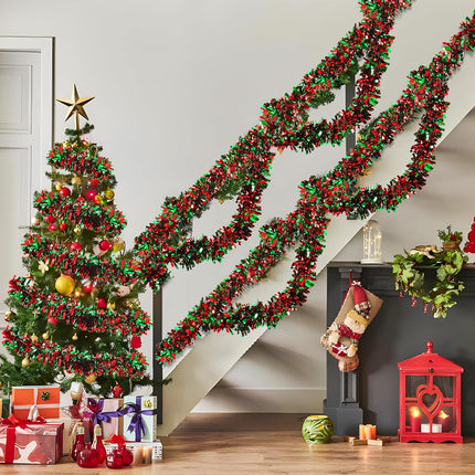 50 Ft Christmas Tinsel Garland Red and Green Metallic Twist Garland Decoration Shiny Christmas Tree Hanging Garland Ornament for Xmas Tree Home Stairs Indoor Outdoor Party Decor