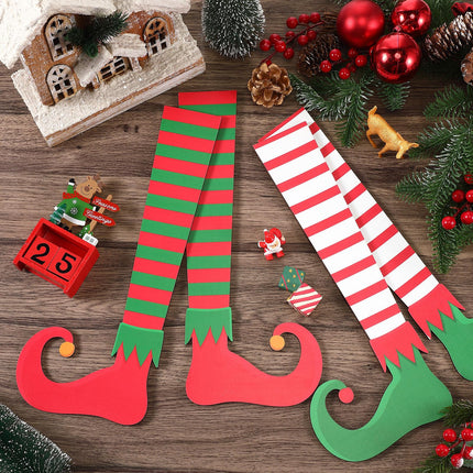 Thyle 4 Pcs Large Christmas Elf Legs Tree Ornaments 15 Inch Wood Stripe Elf Legs Wooden Elf Legs Christmas Topper Decorations Double Printed Xmas Tree Elf Feet Decorations for Holiday Party