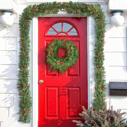 9 Ft Christmas Garland with Lights Battery Operated for Outdoor Indoor Decoration- Prelit Artificial Xmas Garland Decored with Pine Cones Berry for Home Stairs Fireplace