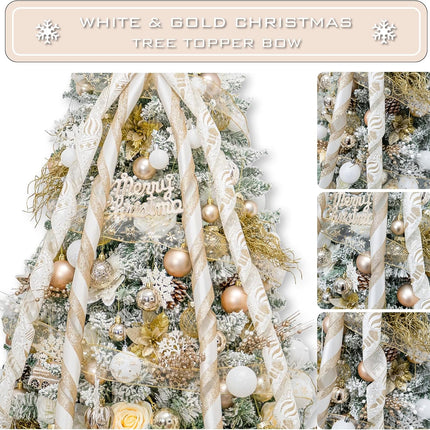 Christmas Tree Topper Bow，53x15 Inches Large Christmas Bow with Glitter Streamer and Patterned Ribbon，Decorative Bows for Xmas Tree Wreath Door Festival Home Decor(White Gold)