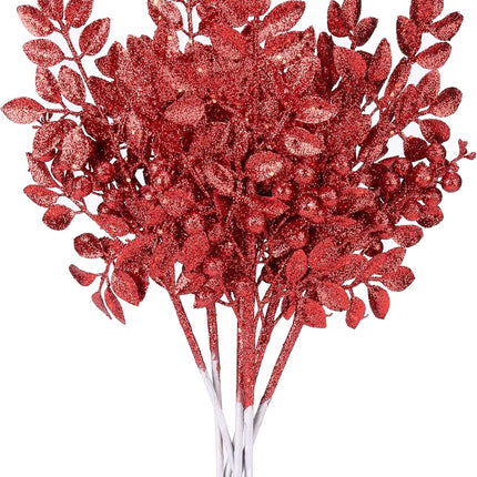 Sea Team 6-Pack Artificial Glitter Holly Berry Twigs, Bacca Stem Ornaments, Decorative Bead Sticks, Picks, Branches for Christmas Tree, Wreath, Vase Fillers for Centerpieces, Home Décor, Red