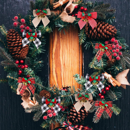 YBB 24 Pack Christmas Tree Bows, Buffalo Plaid Linen Bowknot Red Wreath Bow with Jingle Bells for Christmas Garland Tree, Crafts, Wrapping, Wreath Xmas Hanging Ornaments Decor