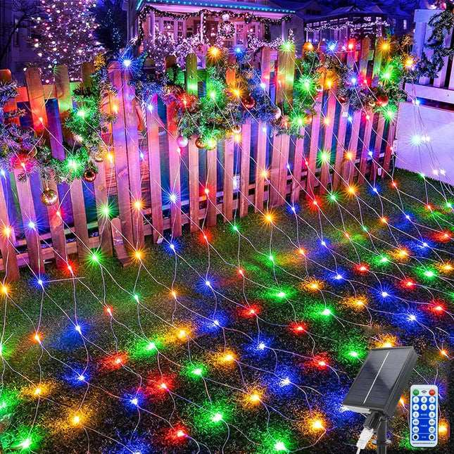 Christmas Net Lights, 204 LED Outdoor Mesh Lights Waterproof, Bush Solar Net Lights with 8-Lighting Modes for Tree Garden Yard Christmas Wedding Party Decoration(Multi-Colored)