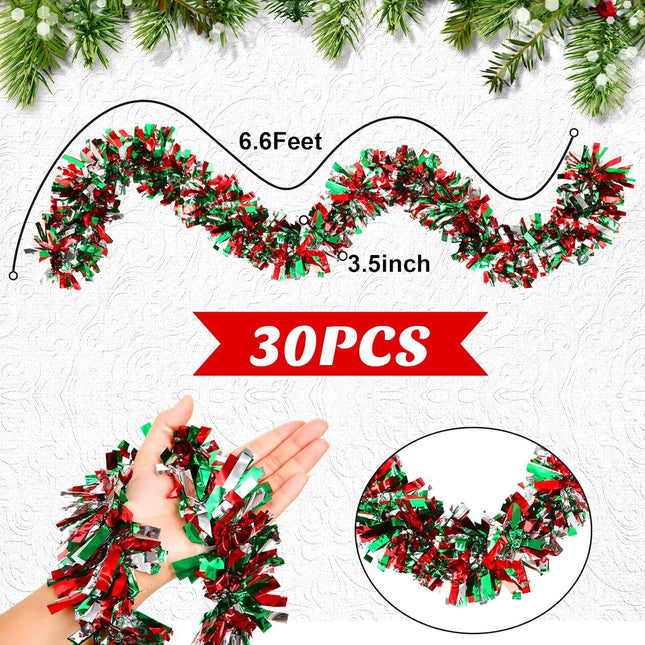 Yilloog 30 Pcs 196 Feet Christmas Tinsel Garland Metallic Tinsel Twist Garland Christmas Tree Decorations Glitter Christmas Party Hanging Wreath Decoration Indoor Outdoor Ornament (Red,Green,White)