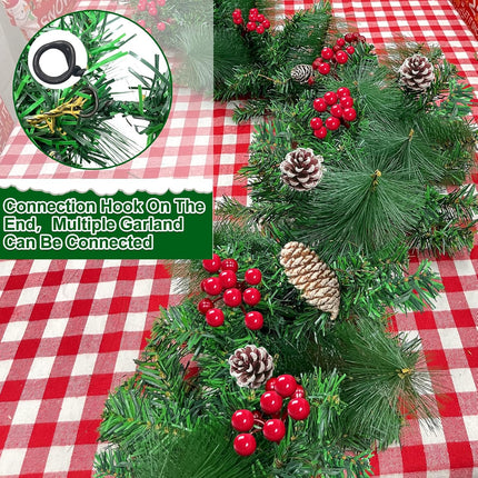 [ 2 Pack & Timer ] 9 Ft by 10'' Prelit Christmas Garland Decorations 100 LED Lights 8 Modes Battery Operated 300 Thick Tips 198 Red Berries 18 Pine Cones Xmas Garland Decor Indoor Outdoor Home Mantle