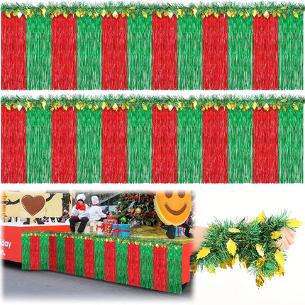 Crowye 10 Pcs Large Christmas Parade Float Decorations with Foil Fringe Garland Set Include 9.02 x 2.46 ft Red Green with Gold Table Skirts 6.56 x 0.3 ft Tinsel Garland for Christmas Party Car