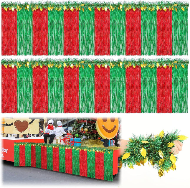Crowye 10 Pcs Large Christmas Parade Float Decorations with Foil Fringe Garland Set Include 9.02 x 2.46 ft Red Green with Gold Table Skirts 6.56 x 0.3 ft Tinsel Garland for Christmas Party Car