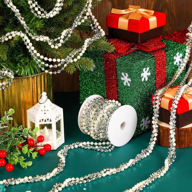 2 Rolls Christmas Tree Beads Garland 14.7 Ft Each White and Silver Beaded Garland Iridescent Twisted Decor Xmas Faux Pearl Crystal Garland Strands Twist Bead Christmas Garlands for Tree Wall Party