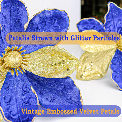 10" Velvet Poinsettias Artificial Christmas Flowers, 6pcs Large Glitter Christmas Poinsettia Picks, Floral Stems for Christmas Tree Wreath Garland Decorations DIY Ornaments (Blue