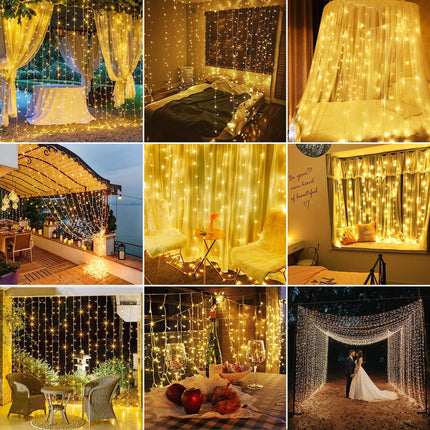 weillsnow 304 LED Solar Curtain Lights Remote Control with 8 Modes, Outdoor Christmas Lights Waterproof for Window Patio Garden Balcony Wedding Party Christmas Decorations（Warm White）