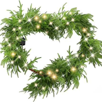 6 Ft Christmas Norfolk Pine Garland with 100 LED Lights, Dense Norfolk Pine Real Touch Garland, Artificial Pine Greenery Garlands for Christmas Holiday Mantle Fireplace Table Home Decor Xmas