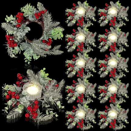 Sliner 6 Pcs Christmas Candle Rings Wreaths Decor Artificial Red Berries Snowy Pine Needles Candle Wreaths Hanging Garland Wreath Candle Holder for Pillars Kitchen Cabinet Home Table Centerpiece