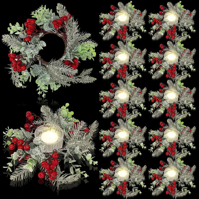 Sliner 6 Pcs Christmas Candle Rings Wreaths Decor Artificial Red Berries Snowy Pine Needles Candle Wreaths Hanging Garland Wreath Candle Holder for Pillars Kitchen Cabinet Home Table Centerpiece
