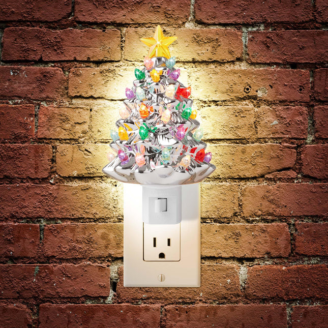 Casafield Ceramic Christmas Tree Night Light - Silver Plug-in Vintage Christmas Decorative Night Light with 28 Bulbs and Star Topper