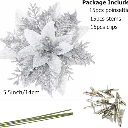 15pcs Christmas Silvery Poinsettia Flowers Artificial with Clips and Stems Christmas Tree Ornaments Glitter Poinsettia Christmas Decorations for Xmas Wreath Holiday Party Décor