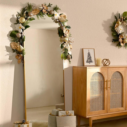 Decorbyhannah Christmas Garland with Lights, 6ft Prelit Gold White Christmas Garland Decorations with Ornaments and Magnolia, Battery Operated Christmas Garland Indoor for Mantle, Fireplace, Stairs