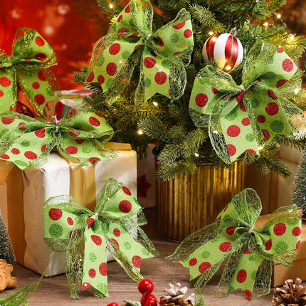 20 Pcs Christmas Elf Bows Decoration Christmas Wreath Bows Red and Green Christmas Bows Glitter Dot Bows Ribbons Decoration for Xmas Tree Ornaments Holiday Party Wedding Home Farmhouse Decor