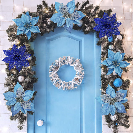 Winlyn 24 Set 3 Styles Christmas Blue Glitter Poinsettia Flowers Picks Christmas Tree Ornaments for Blue Christmas Tree Wreaths Garland Holiday Seasonal Wedding Decorations White Box Included