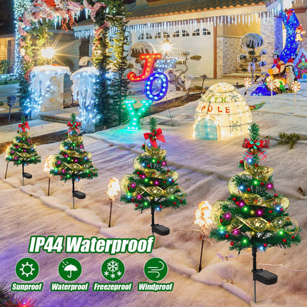 Libima 4 Pcs 30 Inch Solar Christmas Tree Lights Outdoor Waterproof 80 Led Solar Stake Lights Xmas Tree Garden Decor with 4 Bows 100 Artificial Berries and Ribbon for Holiday Party Yard Patio Pathway