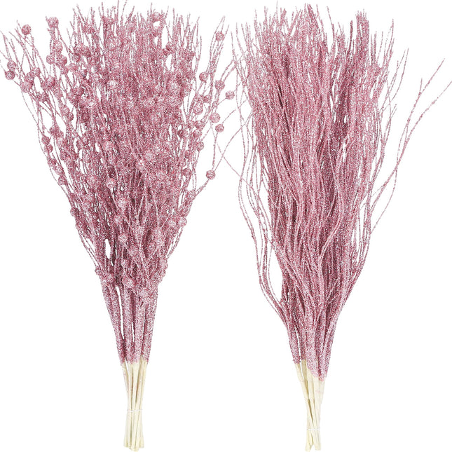 Sea Team 24-Pack Artificial Glitter Berry Stem Ornaments, Decorative Bead Sticks, Glittery Twigs, Picks, Branches for Christmas Tree, Small Vase, Holiday, Wedding, Party (15 Inches, Pink)