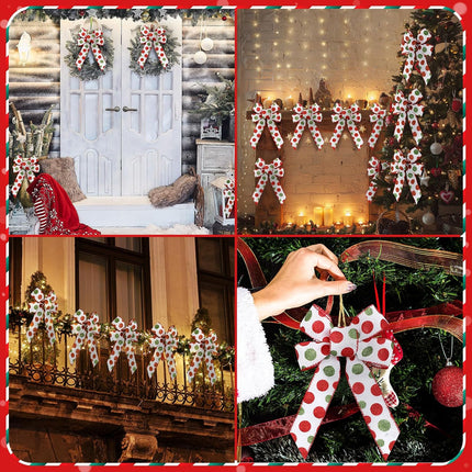 24 Pcs Christmas Bows Decoration Red Green Wreath Bow 6.3'' x7.9'' Polka Dot Large Premade Bows Xmas Tree Topper for Outdoor Indoor Garland Wedding Party (White, Green and Red)