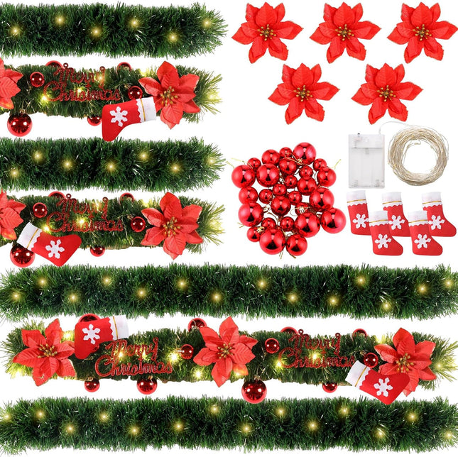 300ft Christmas Artificial Garland Set with LED Lights Ball Ornaments Christmas Garland Greenery Holiday Decor Accessories for Indoor Outdoor Home Wedding Party Decoration (Cute,78 Pcs)