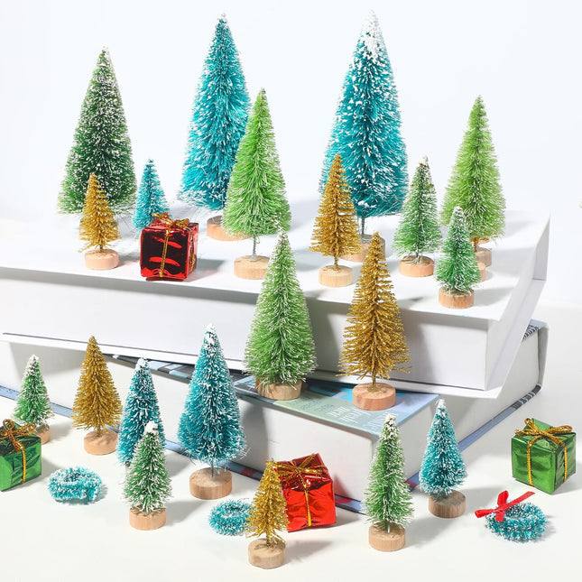 46 PCS Mini Christmas Trees Set, Artificial Miniature Tabletop Christmas Tree with Wreath and Small Decorated Boxes Christmas Bottle Brush Trees for DIY Craft Home Table Decor (Color A)