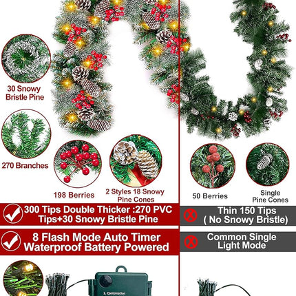 2 Pack Prelit Christmas Garland Each 9 Ft 100 Lights Timer 8 Mode, Cedar Garland Thick 300 Tips Snowy Bristle Pine 198 Berry 18 Pinecones Battery Operated Mantle Xmas Decoration Total 18 Ft 200 LED