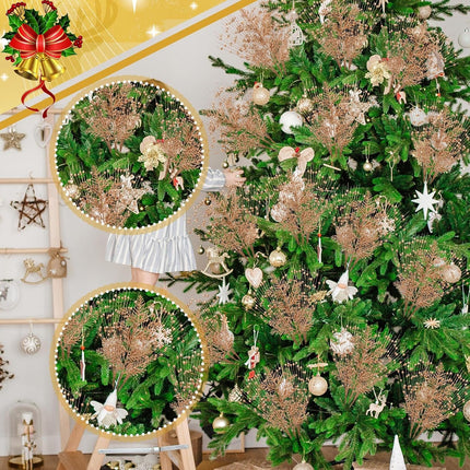 50 Pcs Christmas Glitter Berries Stems Champagne Gold Xmas Artificial Pine Needles 17 Inches Christmas Artificial Picks Fake Branches Twigs Bead Stick for Tree DIY Craft Wreath Vase Fireplace