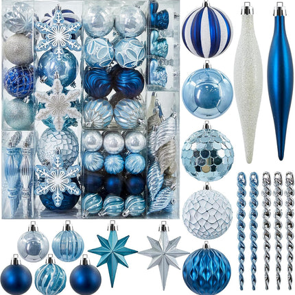 190PCS Christmas Tree Ornaments Set, Shatterproof Plastic Decorative Hanging Balls Ornaments for Holidays Tree, Silver and Blue(Multi-Sizes)