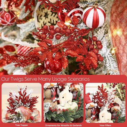 Sea Team 6-Pack Artificial Glitter Holly Berry Twigs, Bacca Stem Ornaments, Decorative Bead Sticks, Picks, Branches for Christmas Tree, Wreath, Vase Fillers for Centerpieces, Home Décor, Red