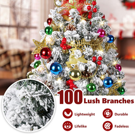 2FT Mini Christmas Tree, Snow Flocked Artificial Christmas Tree, 100 Lifelike Branches, 60 LED Lights, 58 Ornaments, 24 Inches Tabletop Prelit Small Christmas Tree for Holiday Indoor DIY Decor