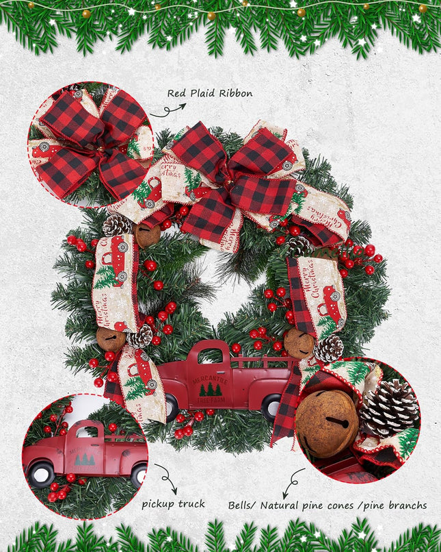 Christmas Door Wreath 20inch, Artificial Red Truck Winter Wreath with Hook Pine Branches Wreath for Front Door Outdoor, Plaid Bow Christmas Wreaths for Windows Wall Home Décor Ornaments