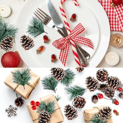Sggvecsy 120 Pcs Artificial Pine Cones Pine Needles Artificial Red Holly Berries Natural Wooden Snowflake Christmas Wreath Accessories for DIY Christmas Garland Wreath Holiday Decoration