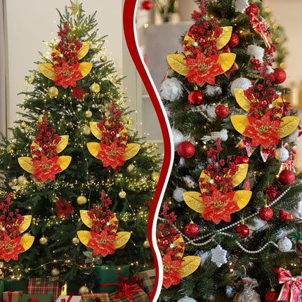 4 Pcs Christmas Poinsettia Picks Christmas Magnolia Flowers Artificial Glitter Christmas Flowers with Christmas Balls Red Berries Gold Leaves for Xmas Tree Wreath Vase Floral Arrangement