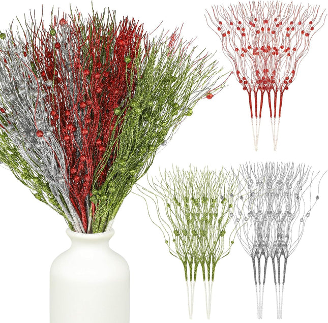45 Pcs Christmas Glitter Berry Stems 16.9 Inch Artificial Curly Berry Stems Decorative Glittery Twigs Sticks Branches Ornaments for Xmas Tree Vase DIY Wreath Crafts Home Decor (Red, Green, Silver)