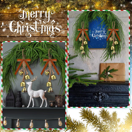 5 FT Christmas Garlands Norfolk Pine Garland Artificial Norfolk Garland Real Touch Pine Garland Faux Greenery Cedar Garland with 2 Set Cow Bells on Rope for Mantle Table Fireplace Holiday Winter Decor