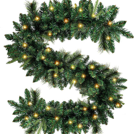 9 ft Christmas Garland, VELOMA Pre-lit Garland with 50 Warm Lights, Classic Green Christmas Garland with 340 Branch Tips