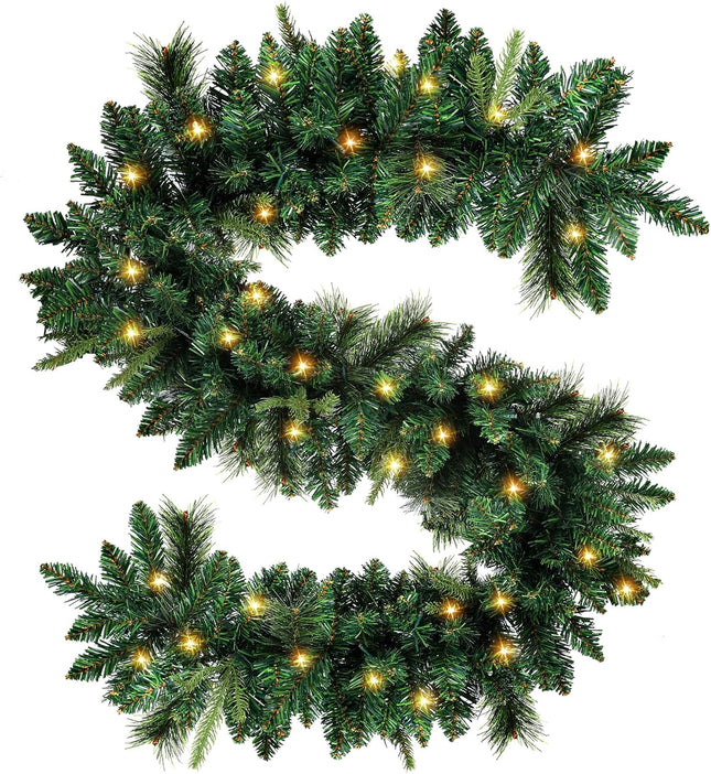 9 ft Christmas Garland, VELOMA Pre-lit Garland with 50 Warm Lights, Classic Green Christmas Garland with 340 Branch Tips
