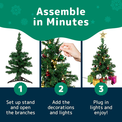 Prextex 23 Inch Tabletop Mini Christmas Tree Set with Warm-White LED Lights, Star Topper, Boxes and Ornaments - Small Christmas Tree for Desk or Table - Easy Setup Christmas Decorations