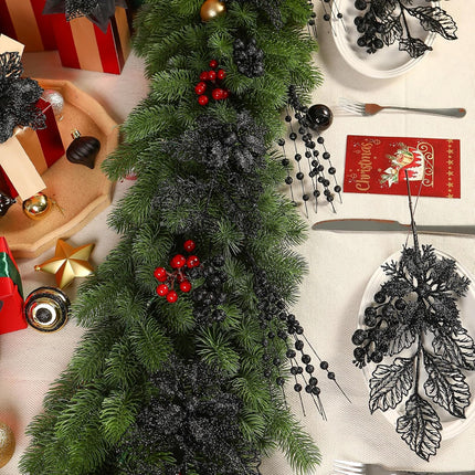 24CT 3 Styles Glitter Artificial Ilex Berry Branch&Holly Leaf Christmas Decorations, Fake Berries Stems Ornaments for Tree/Garland/Wreath, Faux Xmas Decor Indoor&Outdoor, Black