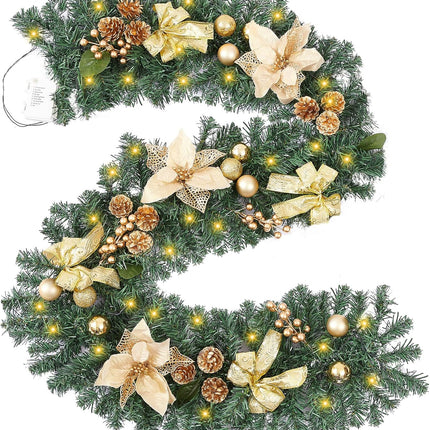 6ft Gold Christmas Garland with 30 Clear Lights, Spruce, Ribbon Bows, Pine Cones, Berries, Ball Ornaments, Poinsettia, Home Holiday Seasonal Christmas Decoration Outdoor/Indoor
