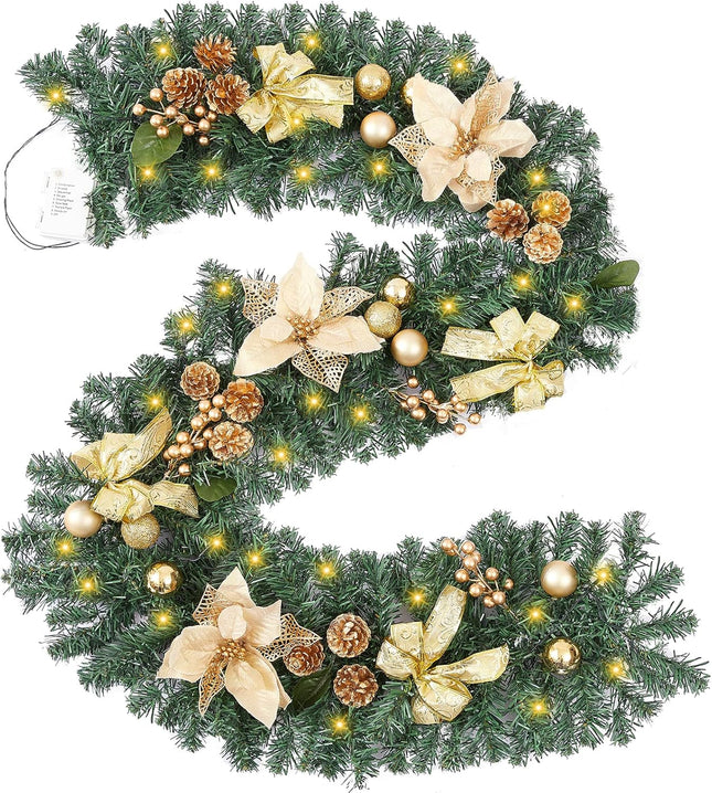 6ft Gold Christmas Garland with 30 Clear Lights, Spruce, Ribbon Bows, Pine Cones, Berries, Ball Ornaments, Poinsettia, Home Holiday Seasonal Christmas Decoration Outdoor/Indoor