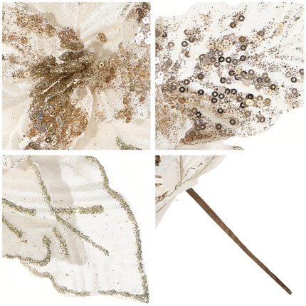 GL-Turelifes 10.7’’ Large Glitter Christmas Flowers 6 Pcs Artificial Poinsettia Flower Ornaments Fold Floral for Christmas Tree Decorations Xmas Tree Year Wedding Centerpiece (Cream White)