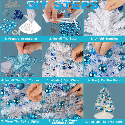 60CM Mini Christmas Tree,Artificial Christmas Tree with Hanging Ornaments,Christmas Tree Skirt,Christmas Ball Desktop Xmas Tree for Home, Kitchen, Dining Table DIY Christmas Decorations (White)